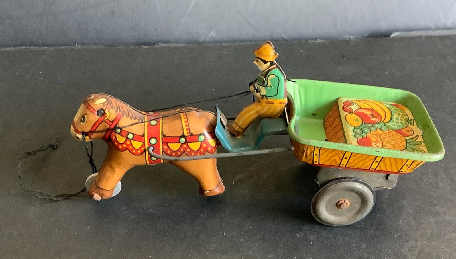 Japanese Tin Friction toy Vehicle tin donkey with fruit cart: Japanese Tin Friction toy Vehicle tin donkey with fruit cart. Measures approx 5 inches long