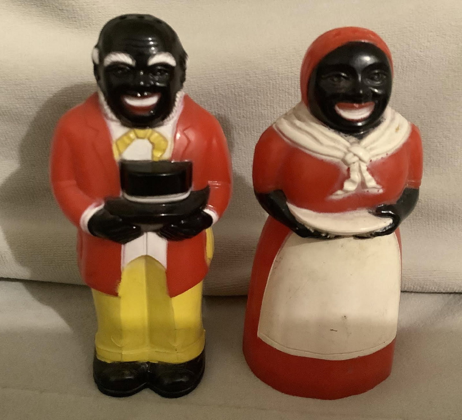 Black American Era Aunt Jemima with Uncle Mose Salt and Pepper Shakers 1950: Black American Era Aunt Jemima with Uncle Mose Salt and Pepper Shakers They are approximately 3.5 inches tall and 1 3/4 inches