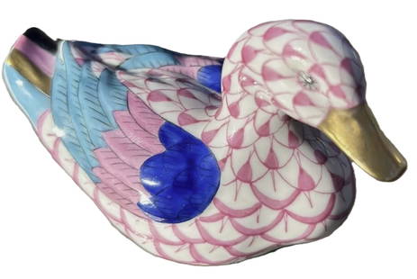 Herend Signed Fishnet Duck Figurine Made in Hungary: Herend Signed Fishnet Duck Figurine Made in Hungary. Measures approx 2" tall and 3.5" long