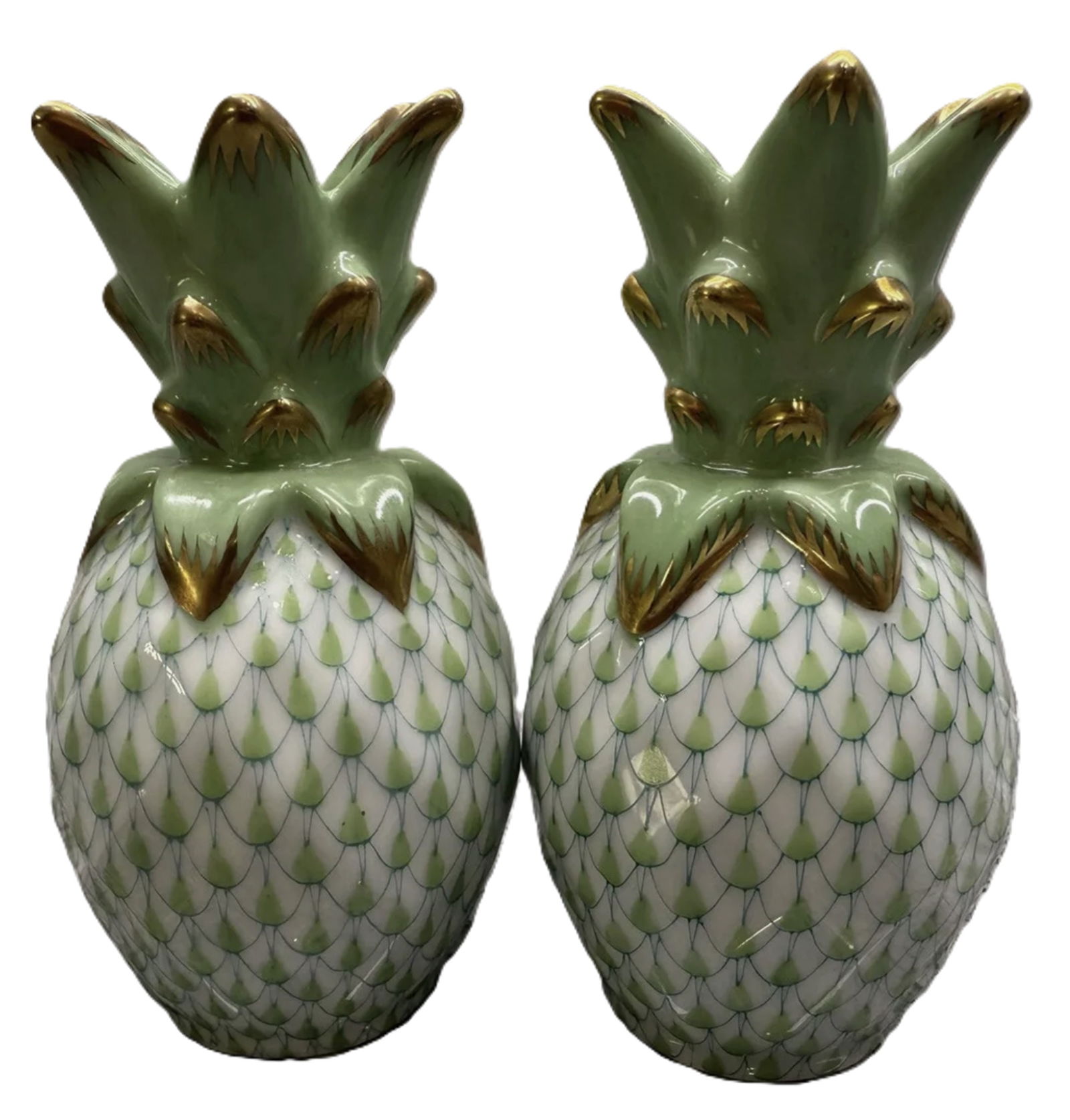 Herend Signed Fishnet Green Pineapple Pair Figurine  With 24k Gold Accents Made in Hungary (1 of 5)