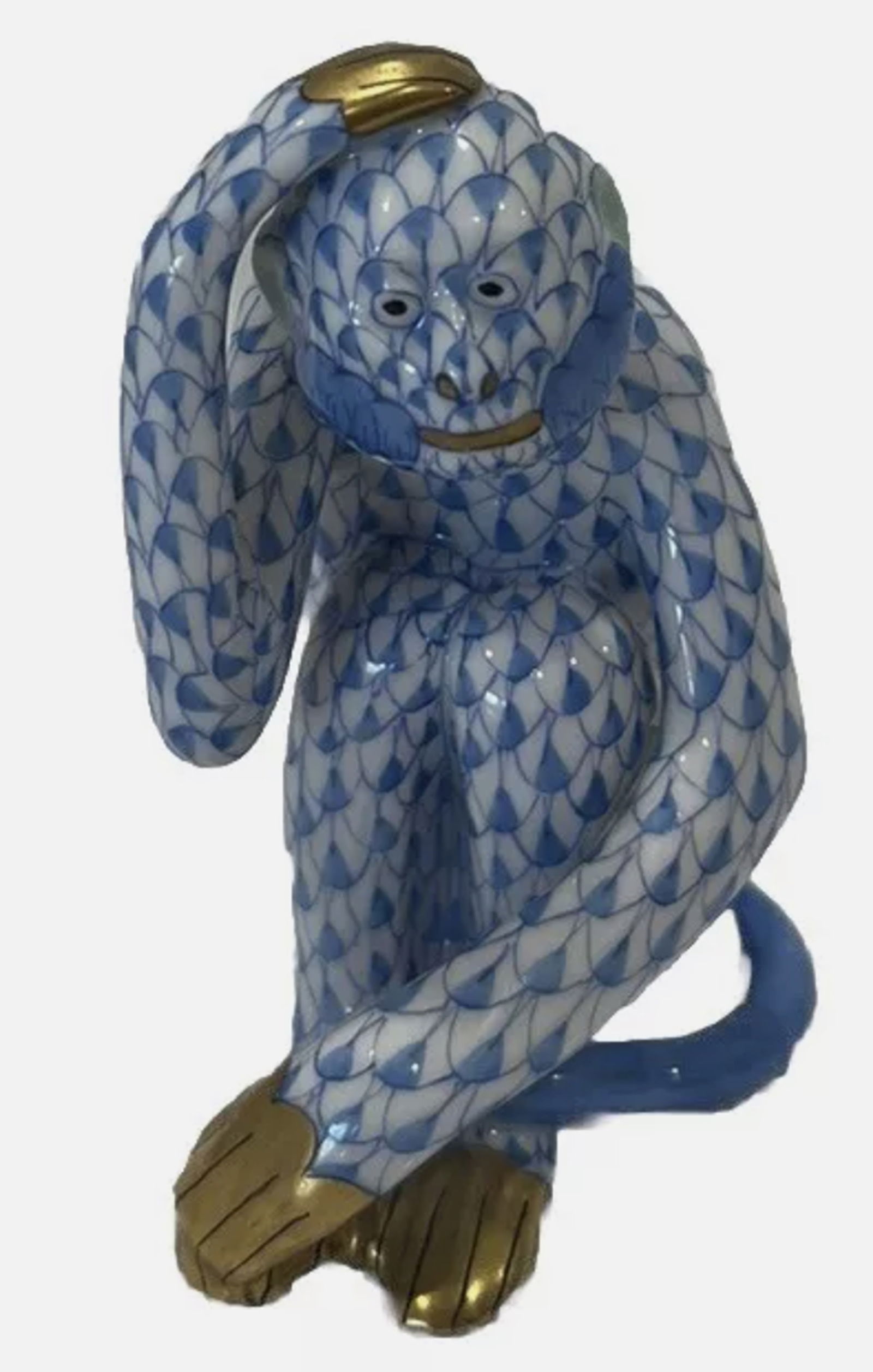 Herend Signed Blue Fishnet Pattern Monkey With 24k Gold Accents (1 of 6)