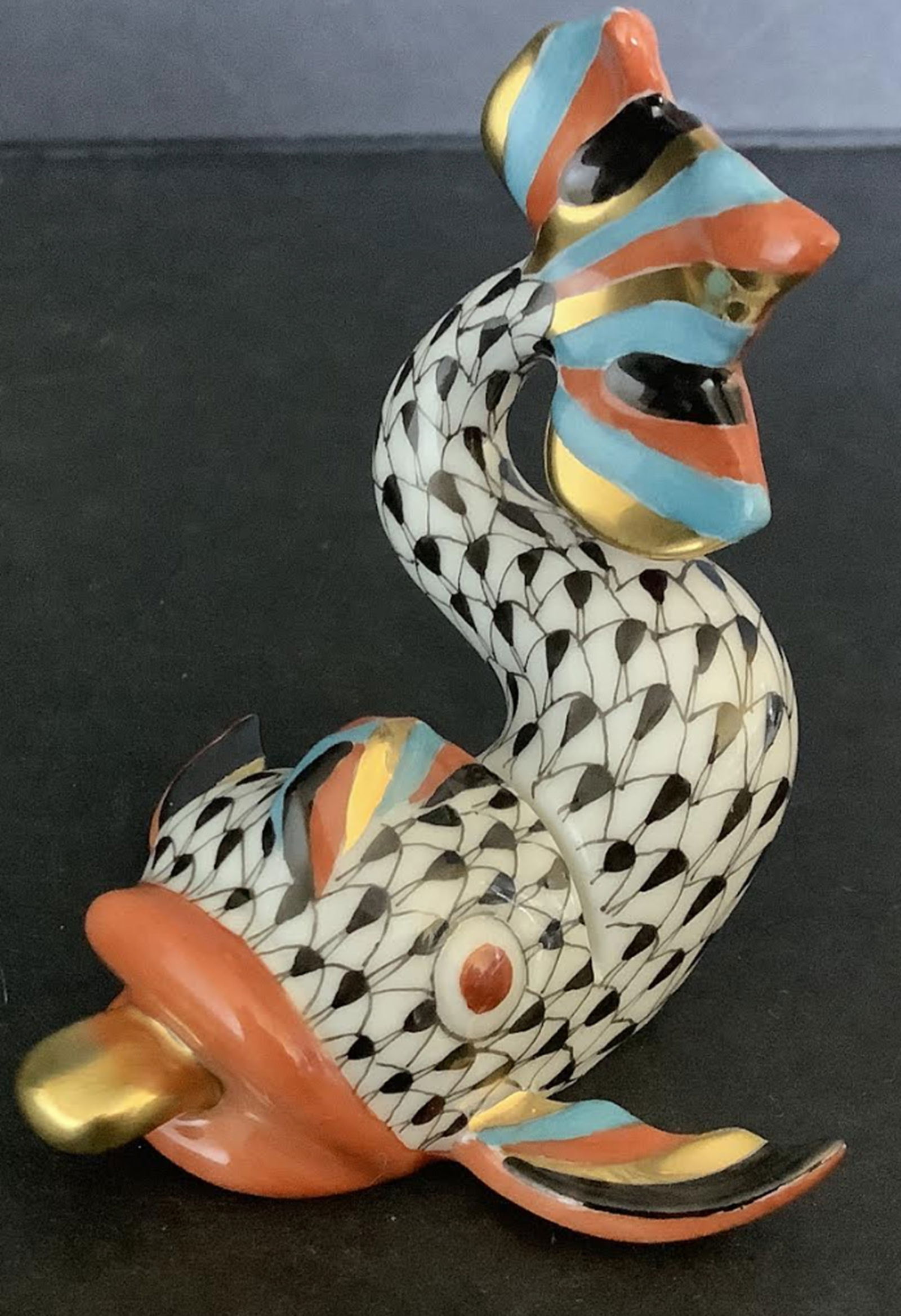 Herend Signed Black Fishnet Pattern Koi Fish With 24k Gold Accents (1 of 6)