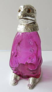 Victorian Crichton Silverplate Cranberry Glass Monkey Decanter Jug: Victorian Crichton Cranberry Glass Monkey Decanter Jug Silverplate. A splendid Victorian style decanter Jug in the form of a Parrot. The body of the monkey is composed of a vibrant pink colored