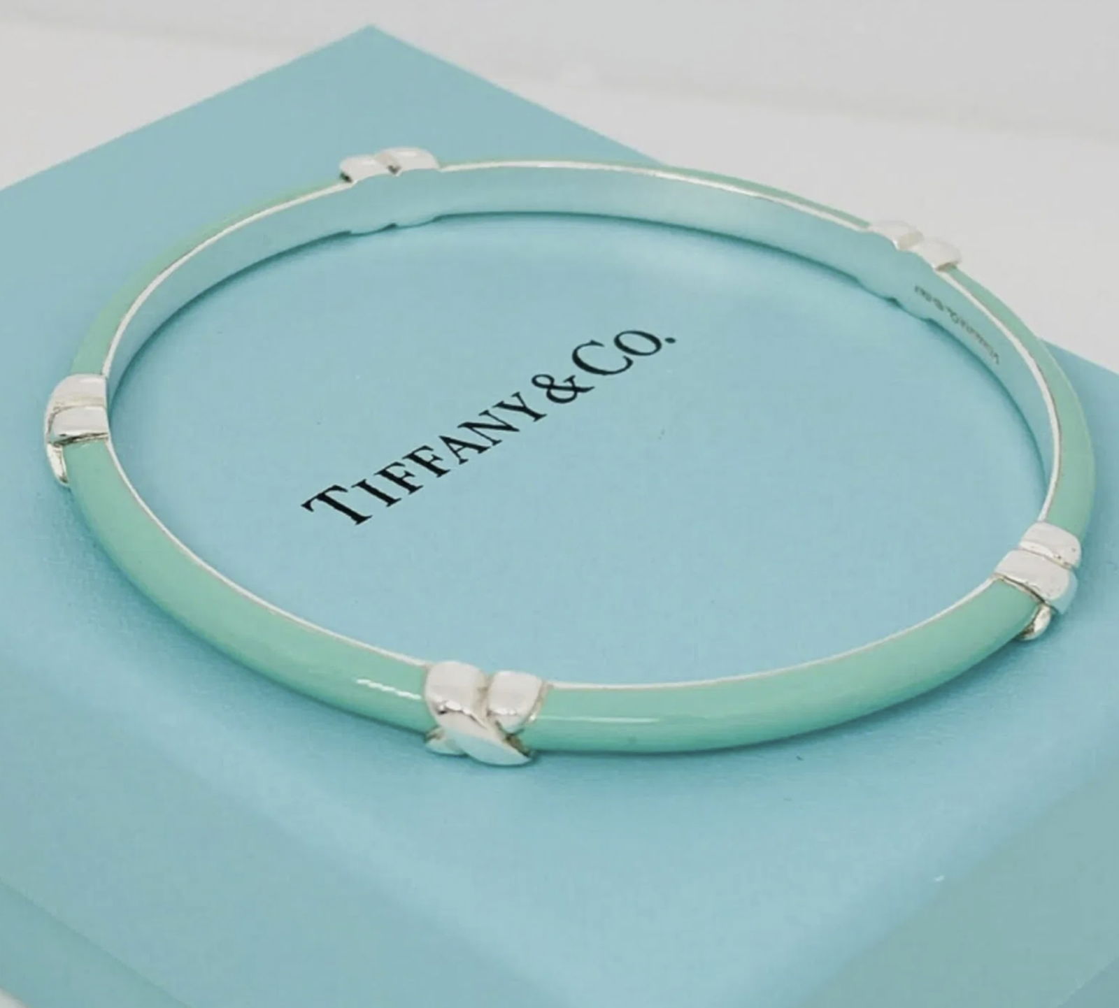 Tiffany & Co Signed Sterling Silver Blue Enamel Signature X Bangle Bracelet Wide (1 of 5)