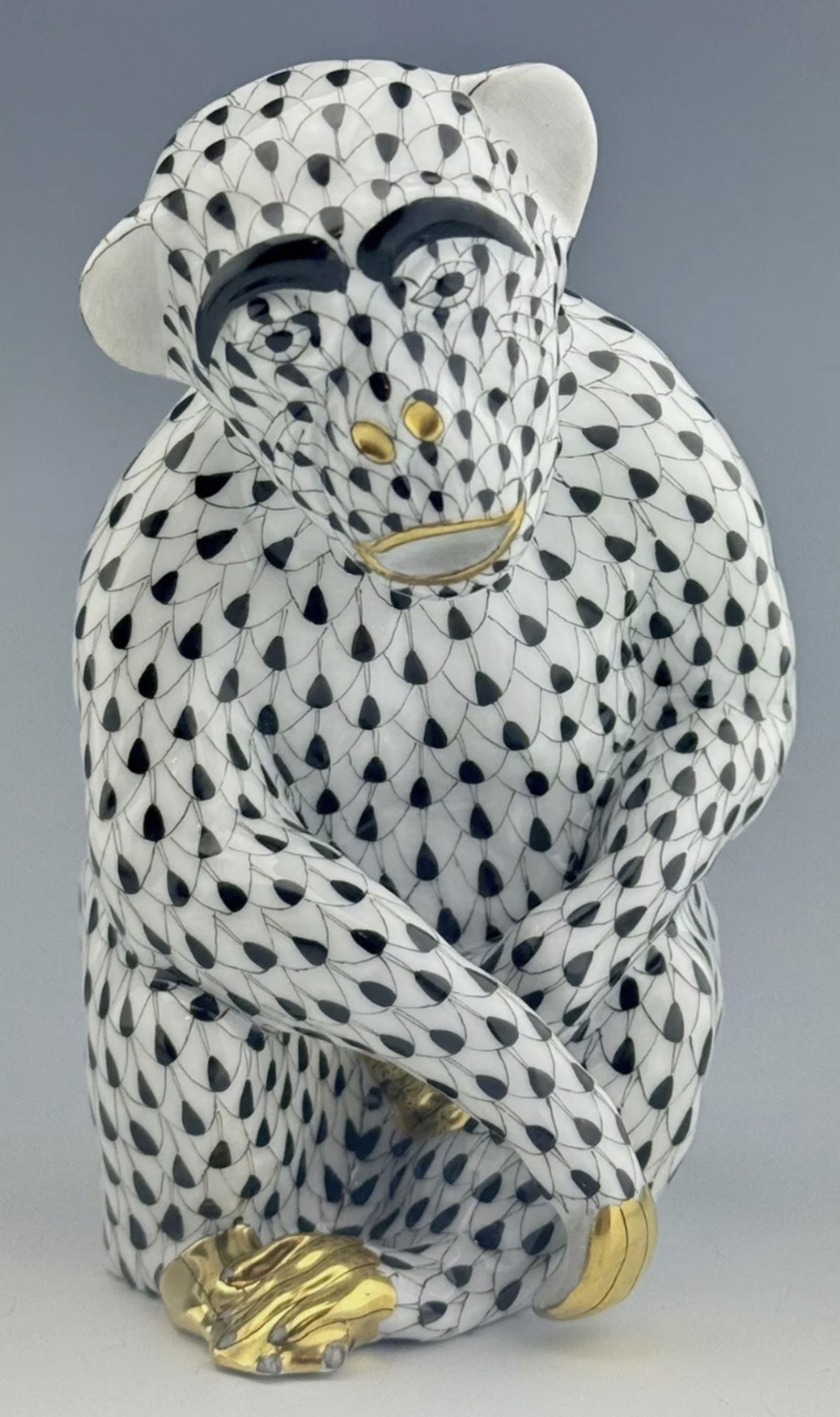 Herend Signed Fishnet Black Chimpanzee Hand Painted Porcelain Monkey Made in Hungary (1 of 6)