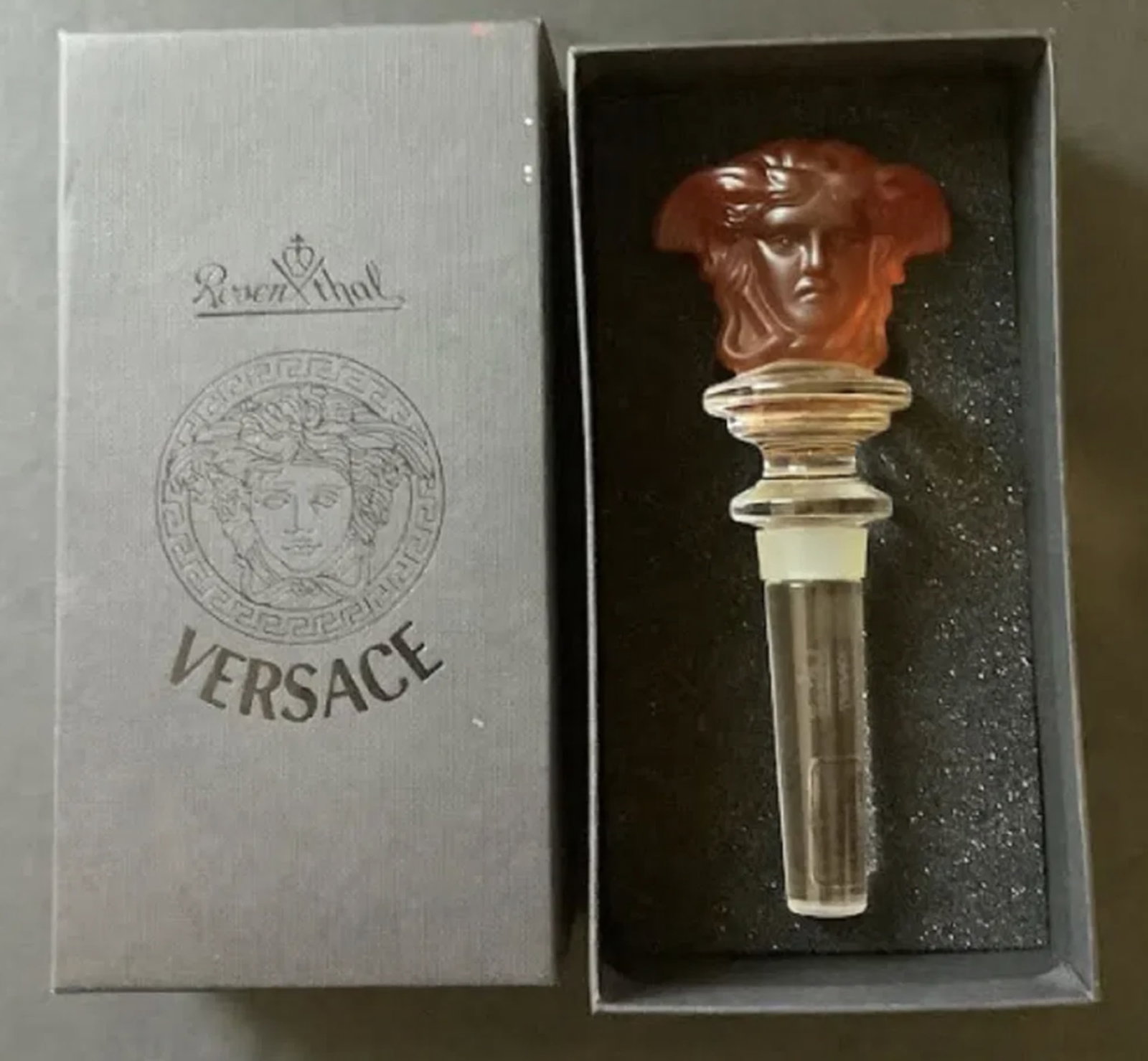 VERSACE Rosenthal "Medusa" Crystal Designer Wine Bottle Stopper With Box: VERSACE Rosenthal "Medusa" Crystal Designer Wine Bottle Stopper With Box