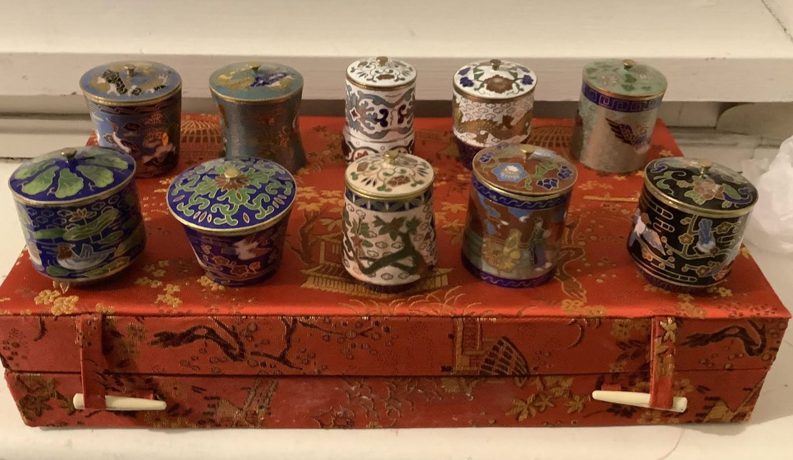 Chinese Cloisonné Enamel Over Brass Lidded Pots In Large Red Box (1 of 6)