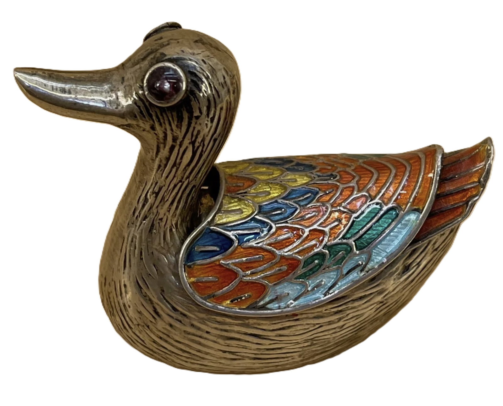 Japanese Meiji Sterling Silver and enamel .999 Bonbonniere Box - Duck: Japanese Meiji Sterling Silver and enamel .999 Bonbonniere Box - Duck Japanese Meiji period (1868-1912) The box is in excellent condition with no damages measures approx 2 1/2” x 2 1/8” x 
