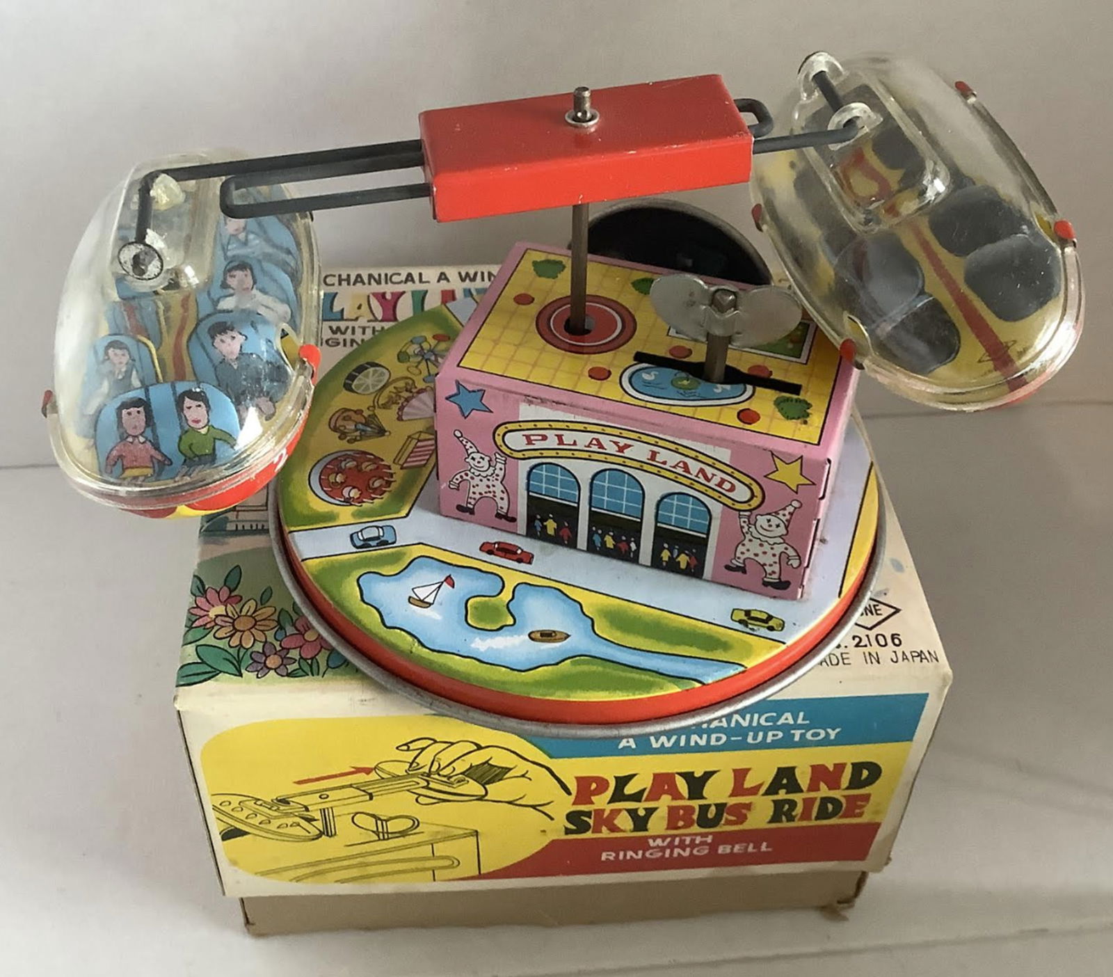 Japanese Yonezawa Tin Litho Windup toy With Key Playland Sky Bus Ride Works! With Orig Box (1 of 6)