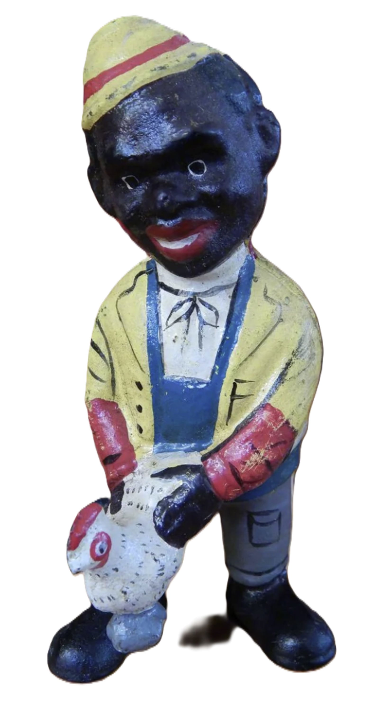 Black Americana Cast Iron Bank Chicken Man: Black Americana Cast Iron Bank Chicken Man Measures approx Height(Inches): 5.5 Length(Inches): 2.25 Width(Inches): 3