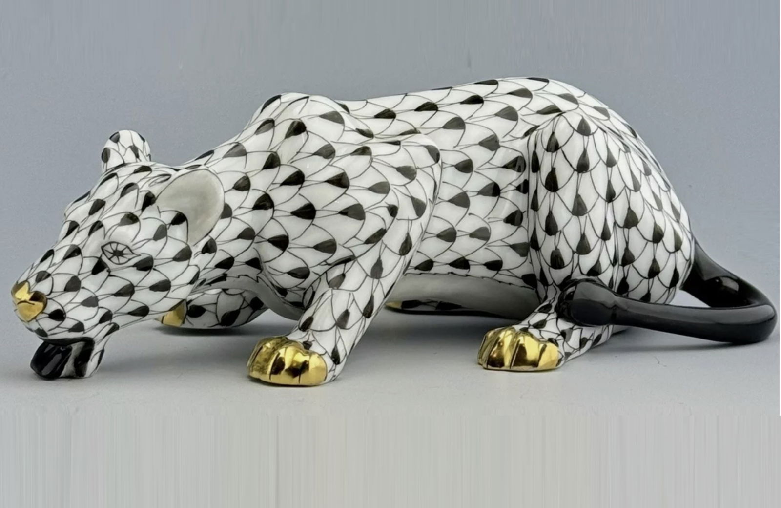 HEREND Signed Fishnet Large  Black Lioness Drinking  Lion Cat Figurine (1 of 6)