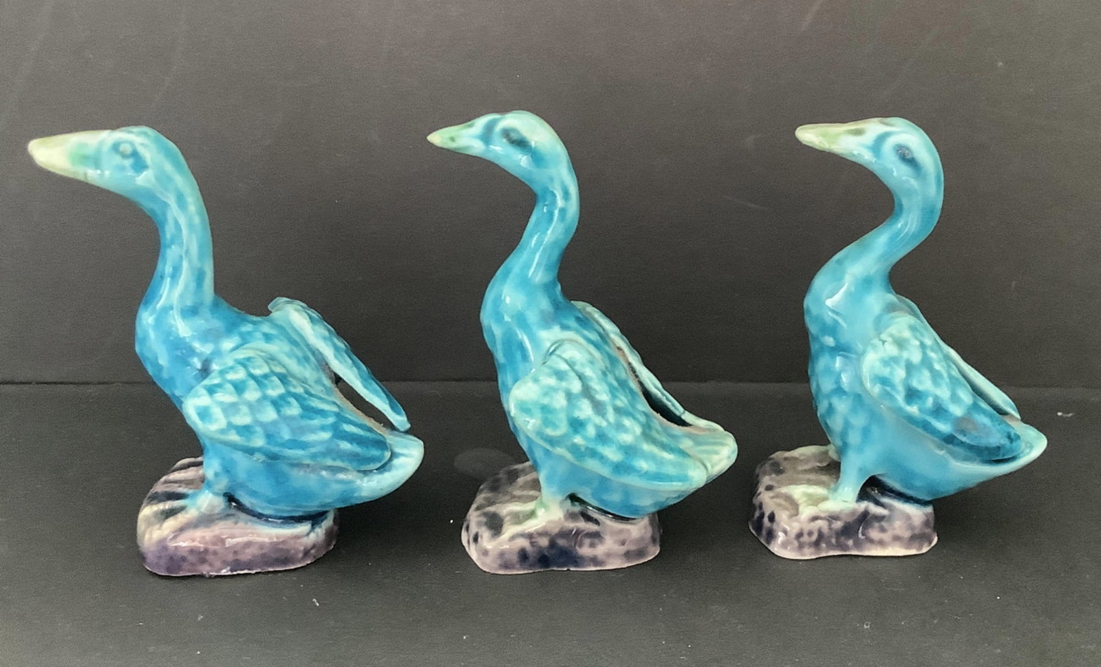 Chinese Turquoise Blue Majolica Duck 3 Figurines: Chinese Turquoise Blue Majolica Duck 3 Figurines. Each is approximately 2.5” tall and 2” wide.