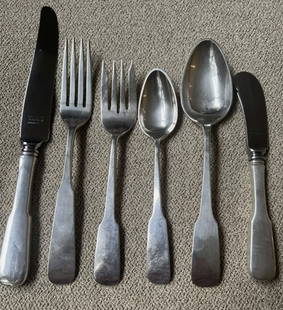 Old Newbury Crafters Moulton Hand Wrought Sterling Silver Flatware Service For 12: 75 PCs Old Newbury Crafters Moulton Hand Wrought Sterling Silver Flatware Service For 12. Chest for Display only. Excellent vintage condition...rare find12 knives 8 3/4''12 forks 7''12 salad forks 6 1