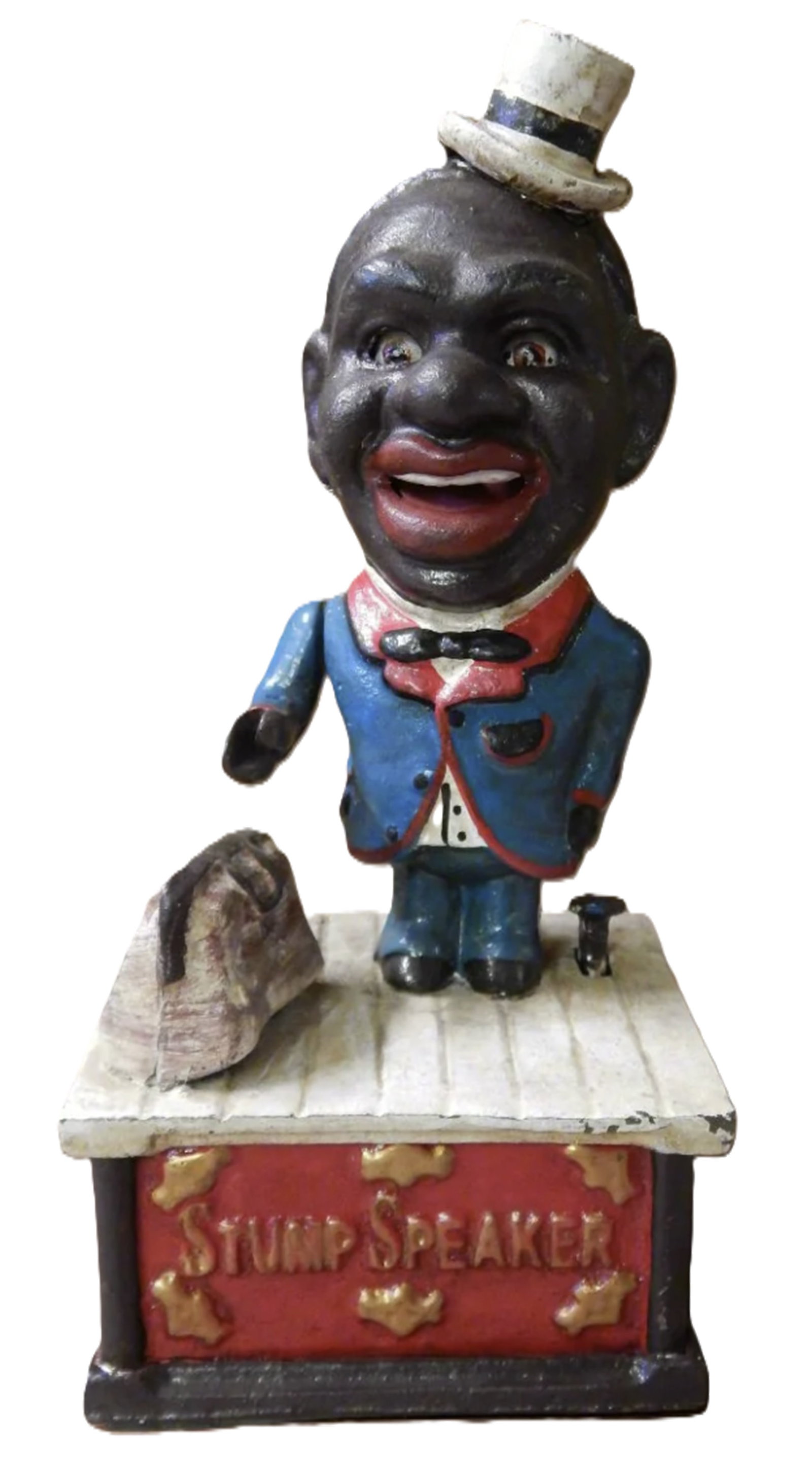 Black Americana Cast Iron Mechanical Bank Stump Speaker: Black Americana Cast Iron Mechanical Bank Stump Speaker Repro Collection of 1930 Measures approx 4 inches by 5 inches