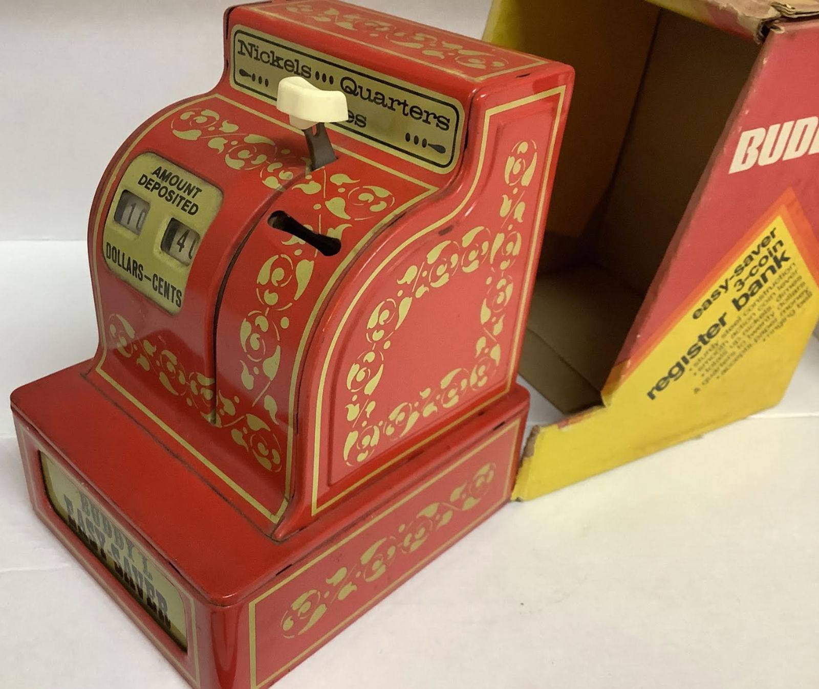 Buddy L Easy Saver 3 Coin Cash register with Orig Box: Buddy L Easy Saver 3 Coin Cash register with Orig Box Measures approx 5.25 x 6.25