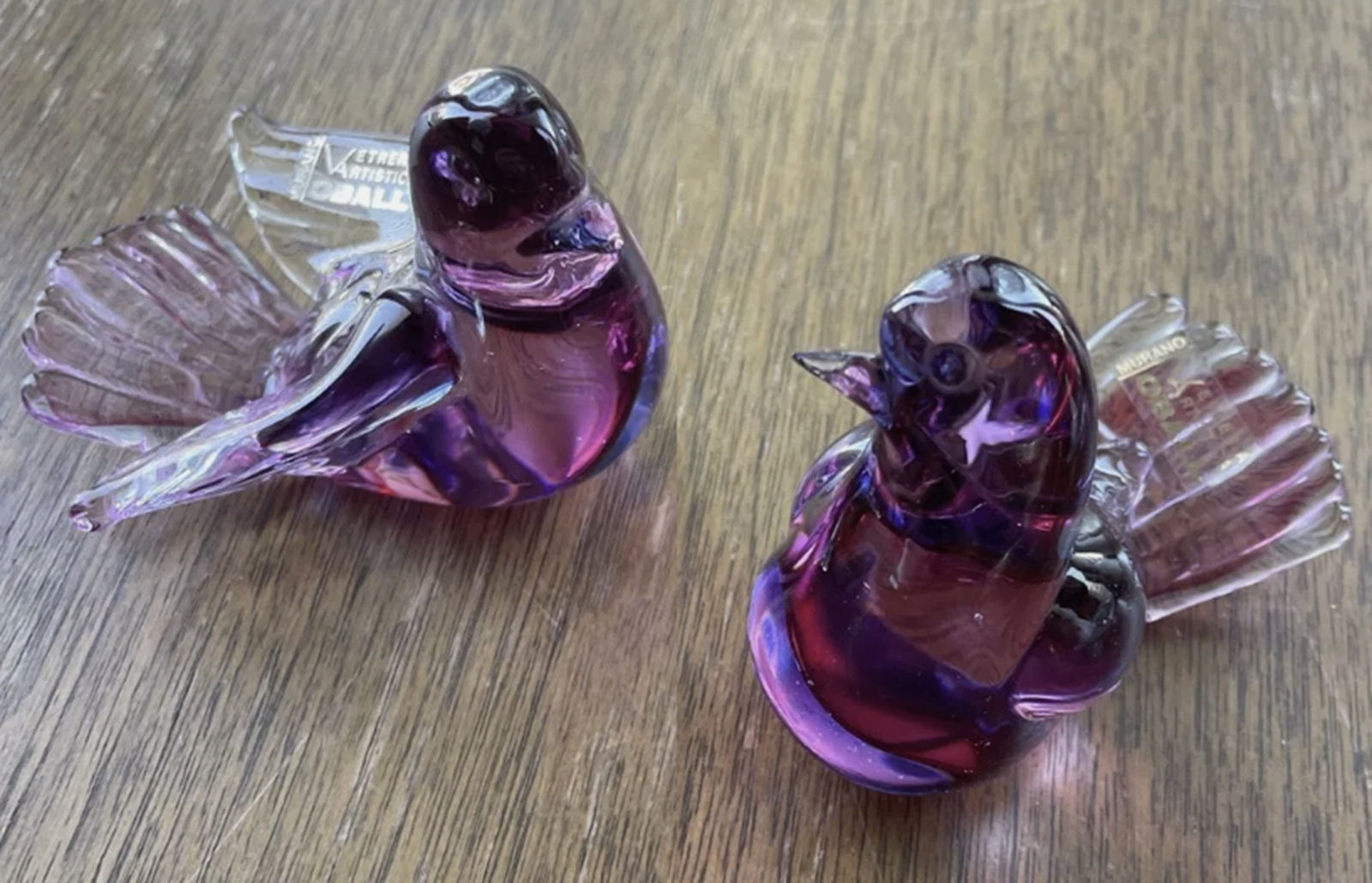 Murano Oball Art Glass Birds Purple Original Sticker - Set of 2 Made in Italy (1 of 5)