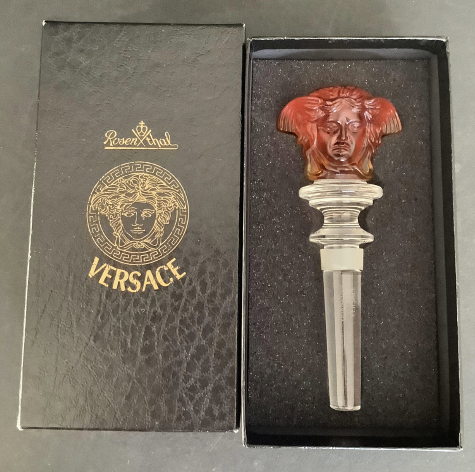 VERSACE Rosenthal "Medusa" Crystal Wine Bottle Stopper With Box: VERSACE Rosenthal "Medusa" Crystal Designer Wine Bottle Stopper With Box