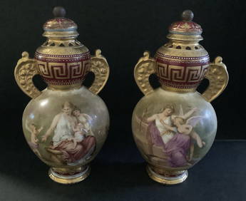 Royal Vienna Handpainted Pair of Porcelain vase urn with Makers mark and lid (1 of 9)