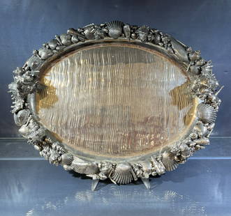 Mario Buccellati Sterling Silver Sea Shell Tray: Mario Buccellati Sterling Silver Sea Shell Tray Made in Italy- Weight 84 oz- Long 45 cm (18 inches) – width 36 cm (14.7 inches)- Description, the sea tray is decorated with shells and seafood- Mater