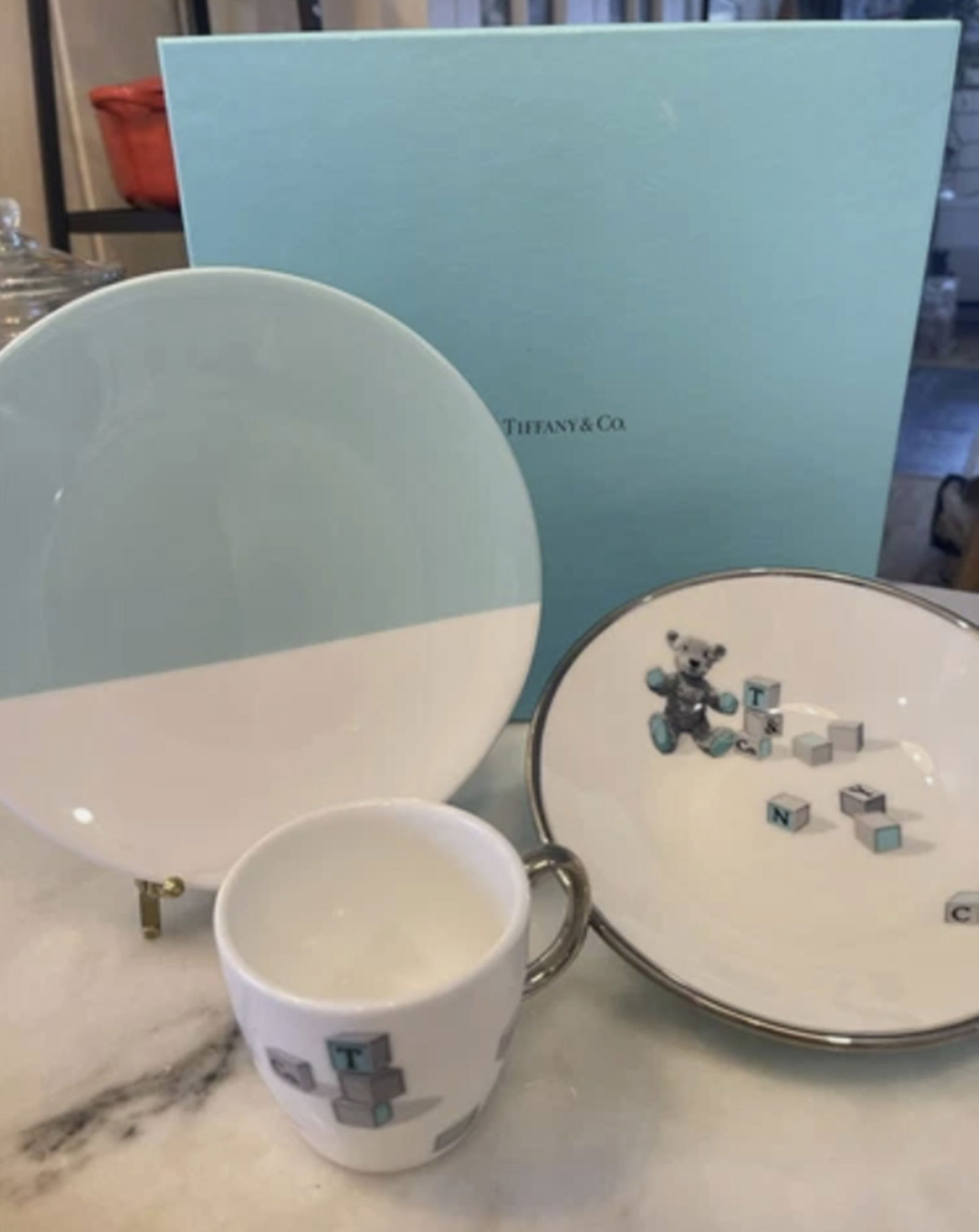 TIFFANY & Co Bear & Blocks 3 Piece Set Baby Tableware Plate Bowl Cup with Box (1 of 8)