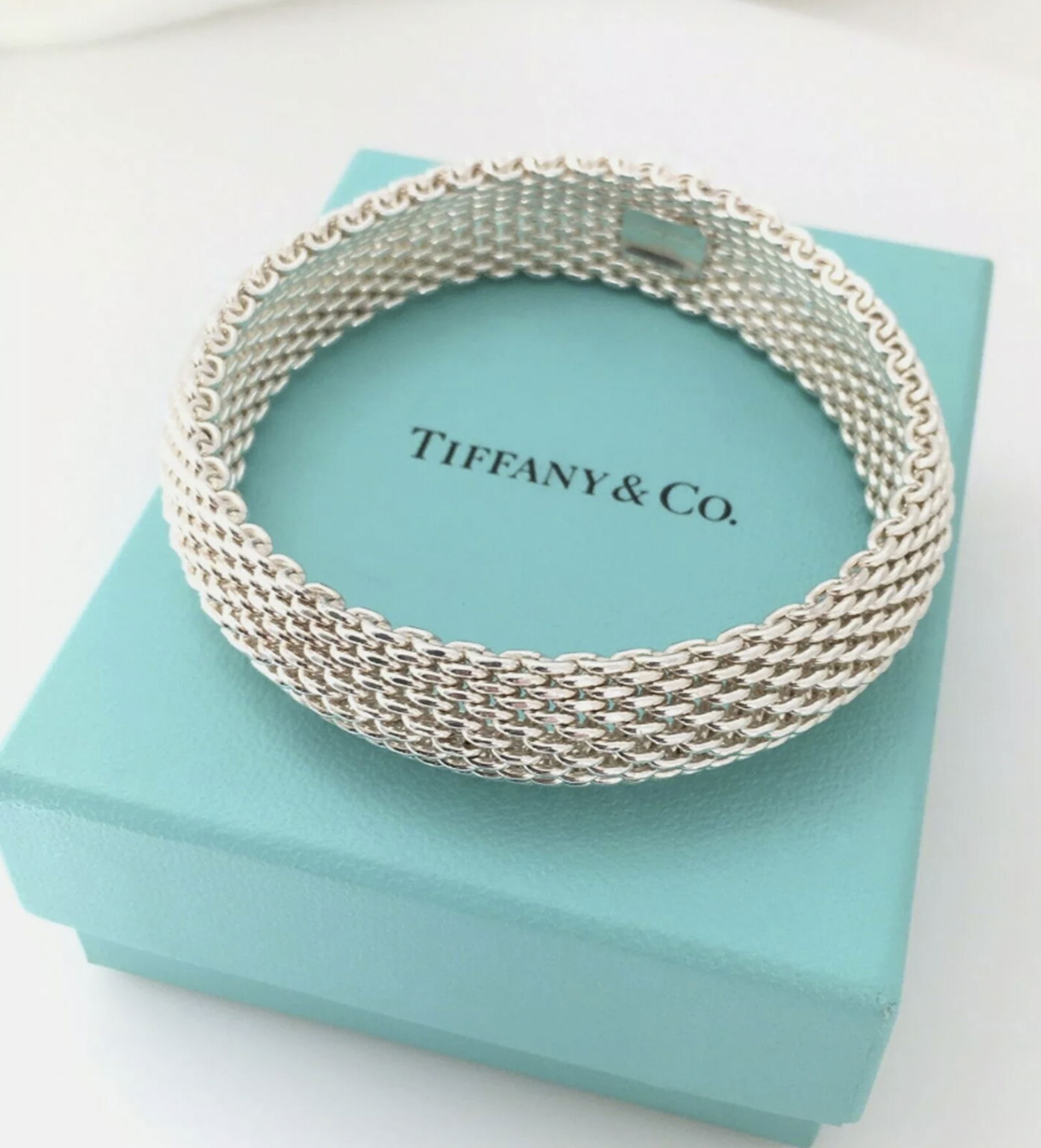 Tiffany & Co. Sterling Silver Somerset Mesh Weave Bangle Bracelet  7" With Box and Pouch (1 of 5)