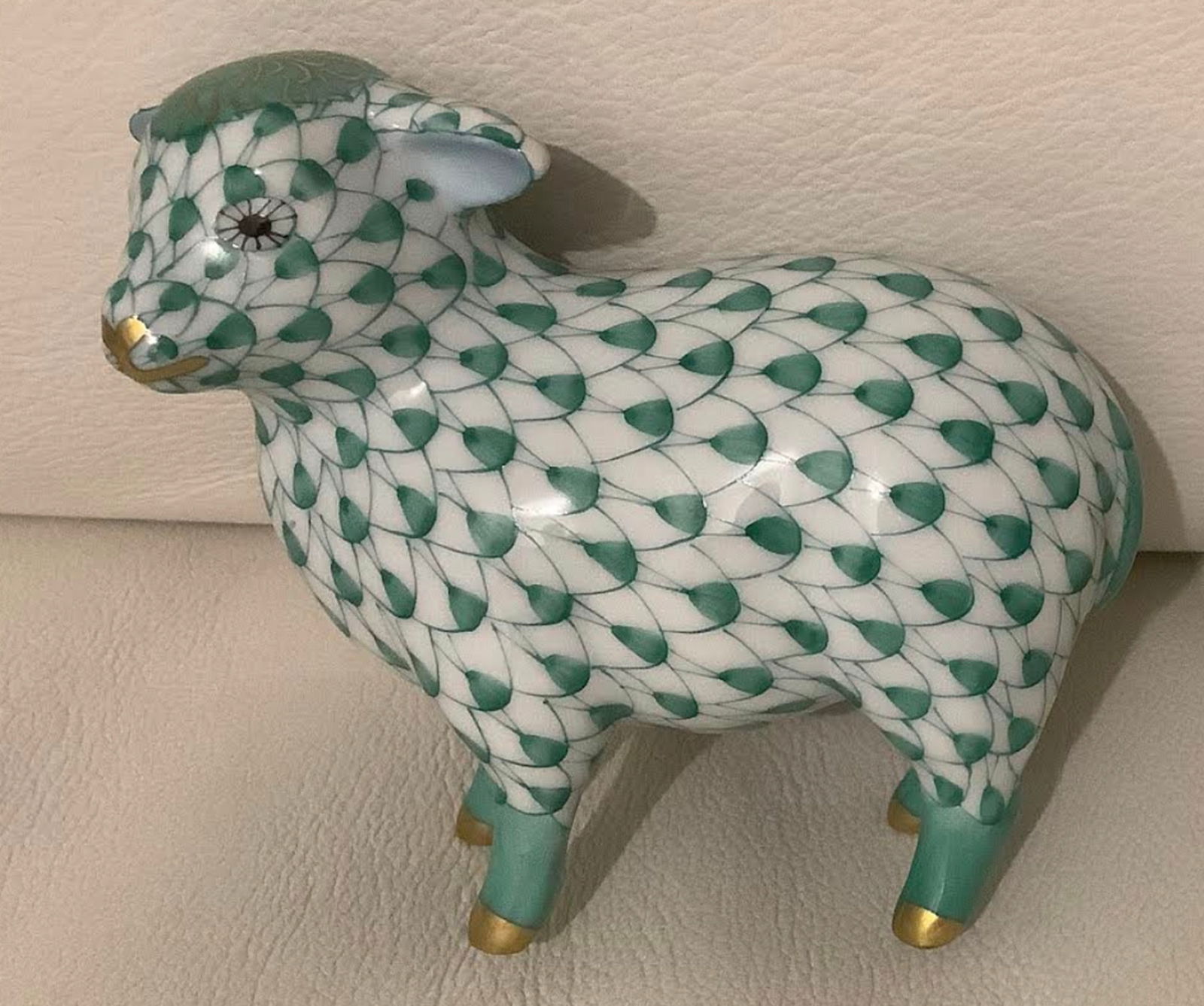 Herend Signed Porcelain Green Baby Lamb Fishnet Figurine With 24k Gold Accents  Made in Hungary (1 of 6)