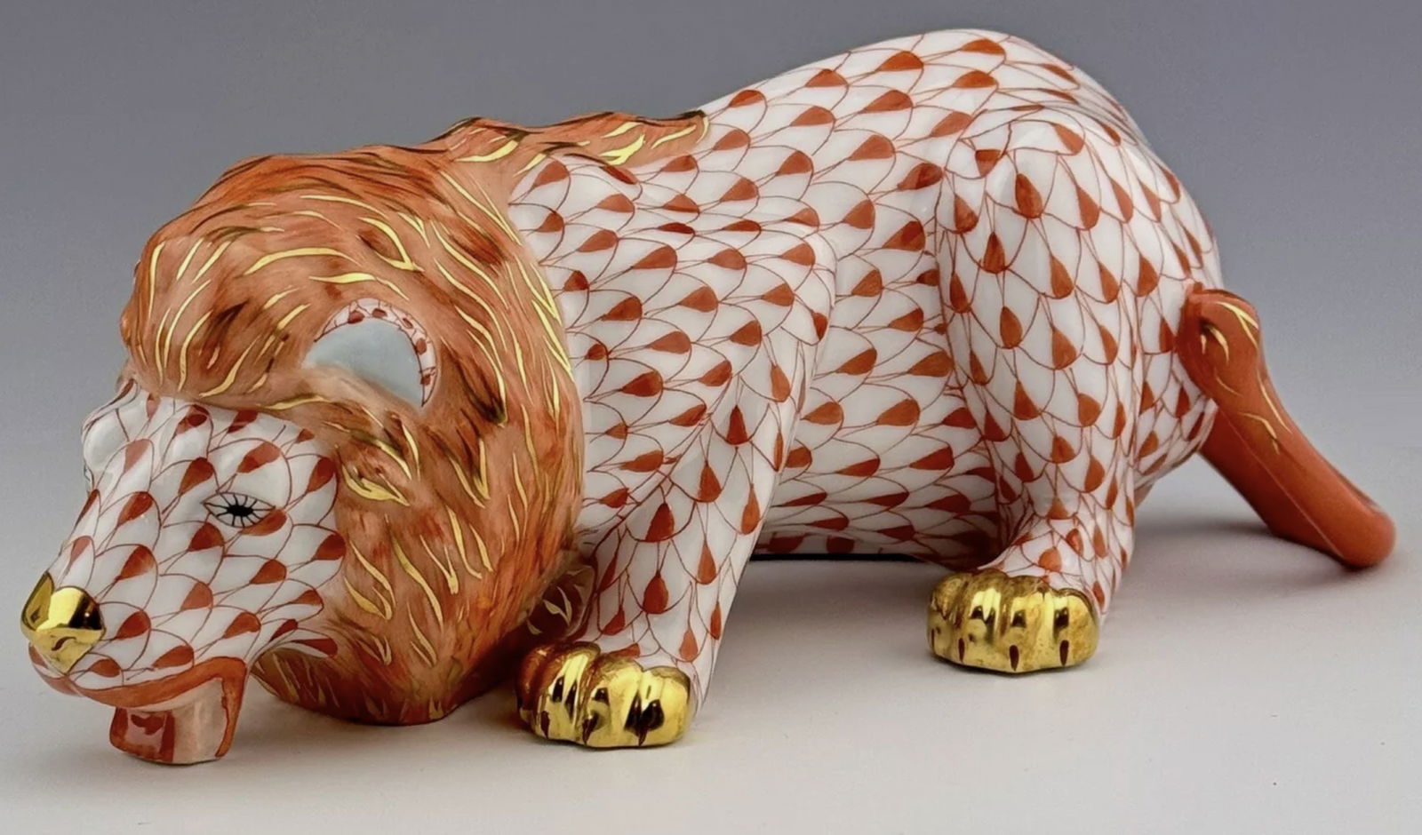 HEREND Signed Porcelain Rust Fishnet Drinking Lion Hand Painted With 24 Karat Gold. Made In Hungary (1 of 5)