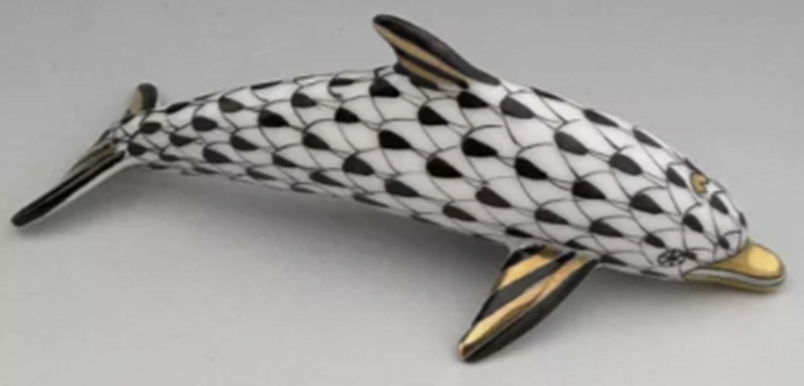 HEREND Signed Porcelaing Black Fishent Dolphin Hand Painted With 24 Karat Gold. Made In Hungary (1 of 6)