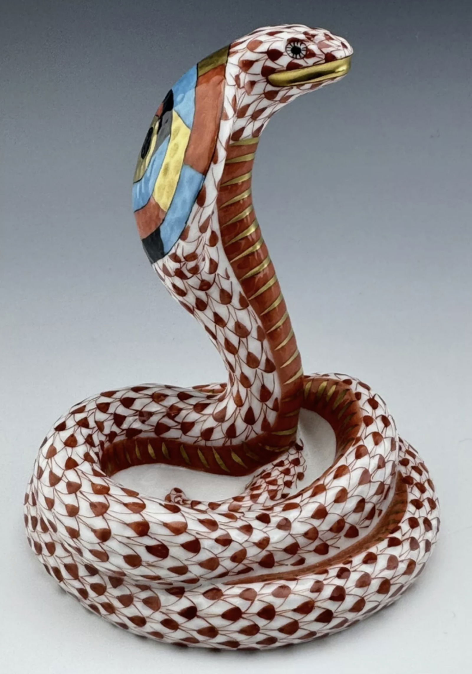HEREND Signed Porcelaing Large Rust Fishent Cobra  4.5 inch Hand Painted With 24 Karat Gold. Made In (1 of 6)