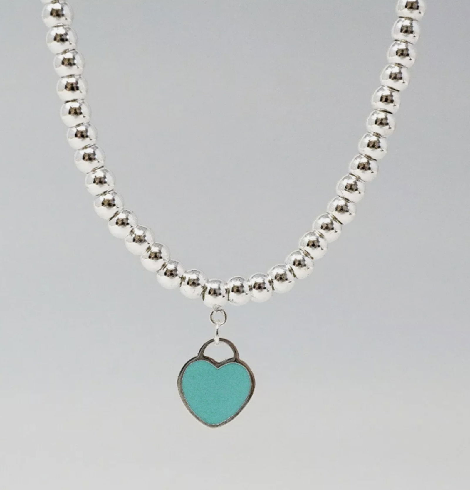 Tiffany & Co. Sterling Silver Blue Enamel Heart pendant with Beaded Chain Necklace And Box (1 of 5)