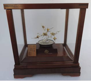 MITSUNORI STERLING SILVER JAPANESE BONSAI PLUM TREE OKIMONO SCULPTURE With Glass Case (1 of 5)