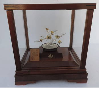 MITSUNORI STERLING SILVER JAPANESE BONSAI PLUM TREE OKIMONO SCULPTURE With Glass Case: MITSUNORI STERLING SILVER JAPANESE BONSAI PLUM TREE OKIMONO SCULPTURE With Glass Case. MASTERLY HAND-CRAFTED VINTAGE STERLING SILVER BONSAI PLUM TREE OKIMONO SCULPTURE BY MITSUNORI , STAMPED JUN-GIN