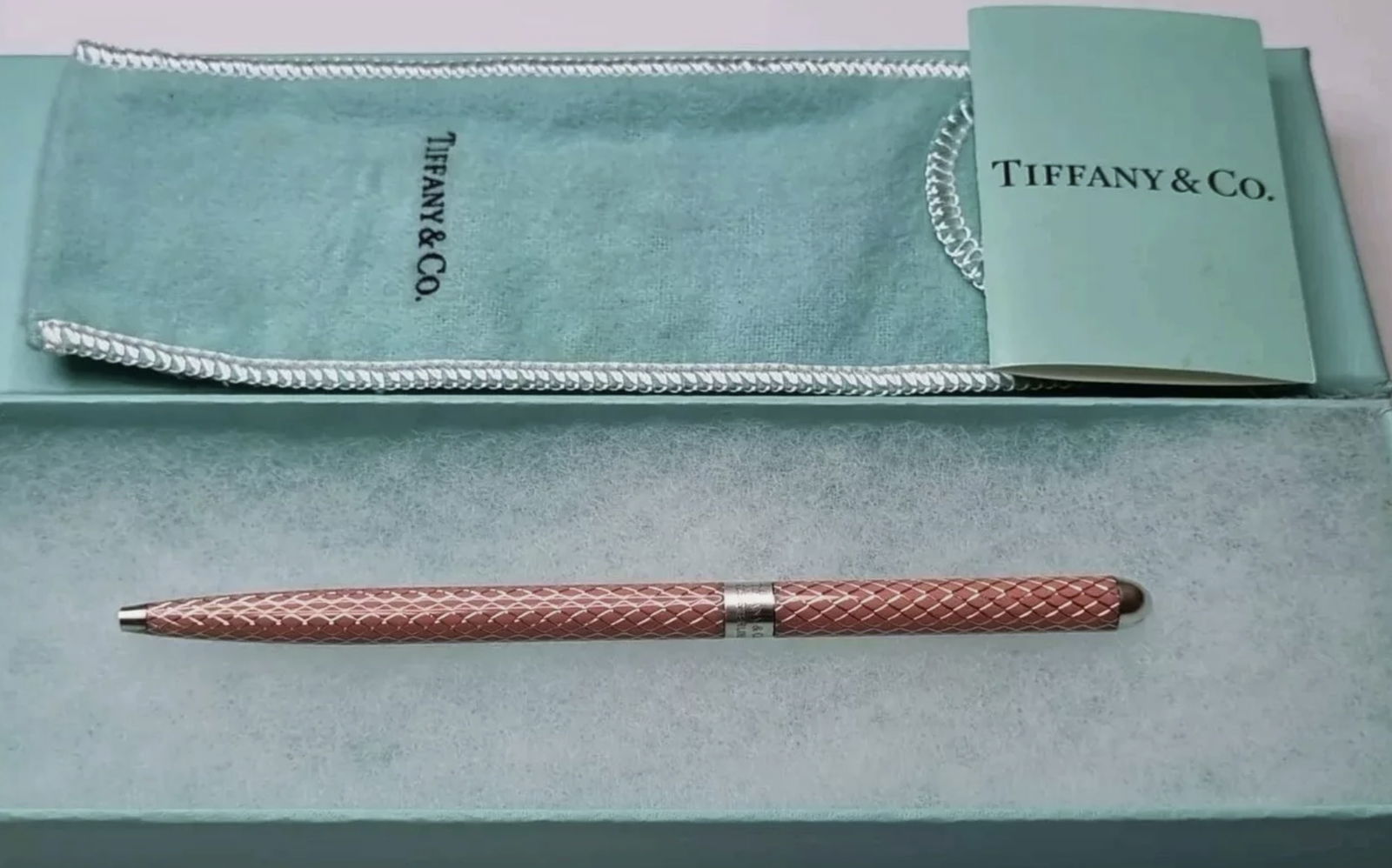 TIFFANY & Co Sterling Silver Ballpoint  pen with Diamond-Textured Pink Enamel Design.  With Orig Box (1 of 6)