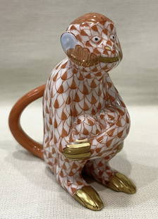 Herend Signed Porcelain fishnet Rust Monkey Made in Hungary: Herend Signed fishnet Rust Monkey Made in Hungary. Measures approx 2.5" L x 2.75" H