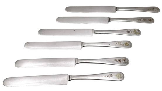 Dominick & Haff Set of 6 Mixed Metal (Sterling Silver with Gold Inlay) Knives from Late 19th Century: Dominick & Haff Set of 6 Mixed Metal (Sterling Silver with Gold Inlay) Knives from Late 19th Century. These sterling silver knives are inlaid with gold and other metals and showcase stylized natural