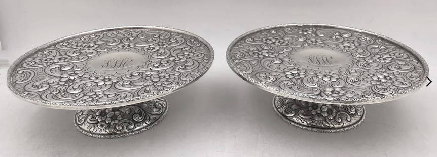 Dominick & Haff Pair of Sterling Silver 1908 Compotes Tazze or Footed Bowls in Art Nouveau Style: Dominick & Haff Pair of Sterling Silver 1908 Compotes Tazze or Footed Bowls in Art Nouveau Style. Dominick & Haff pair of sterling silver compote, tazze or footed bowls, from 1908, in Art Nouveau