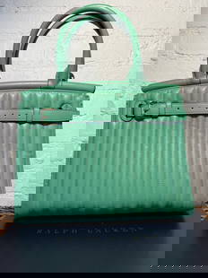 Ralph Lauren Collection RL 50 Medium Handbag Spearmint Green Quilted Calfskin Leather: Ralph Lauren Collection RL 50 Medium Handbag Spearmint Green Quilted Calfskin Leather Measures approx 11.75"x10"x5.5"handle drop 4"Lightly used with slight discoloration shown in photos. Handle