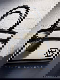 Collection Ralph Lauren Mini RL 50 Handbag White calfskin leather with black detailing Measures: Collection Ralph Lauren Mini RL 50 Handbag White calfskin leather with black detailing Measures approx SMALL- MINI8"x6.5"3"handle drop 3.5"Lightly used in great condition, minor leather scratches from