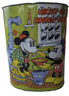 Disney Mickey Mouse Tin Litho Can Walt Disney Productions By CHEINCO 1962: Disney Mickey Mouse Tin Litho Can Walt Disney Productions By Chein & Co Mickey & Minnie Mouse Trash Can in Good overall Estate condition. There is some paint wear, rust and dings from old age use