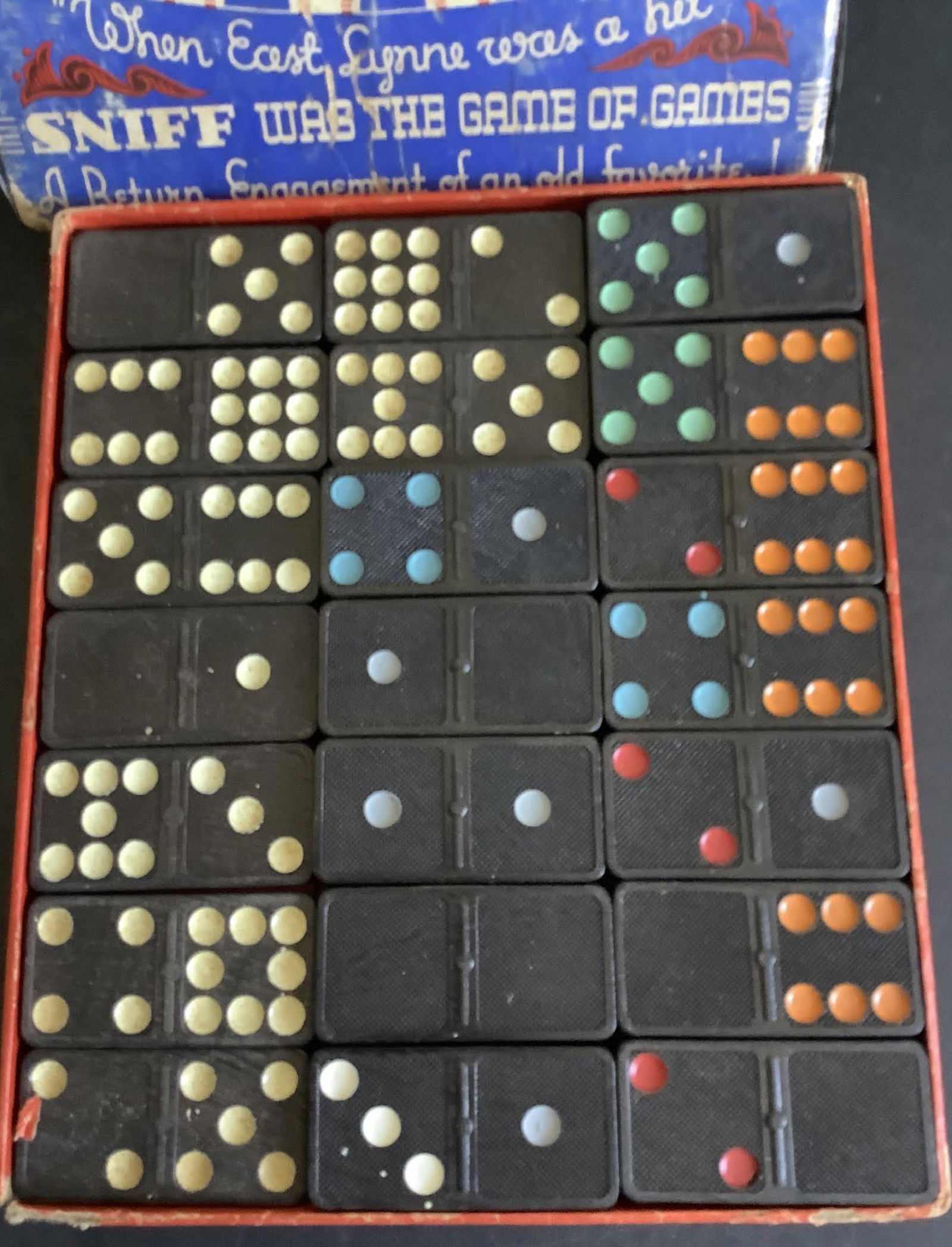 Dominoe Game Sniff was the game of games Play Game With orig box and tiles: Dominoe Game Sniff was the game of games Play Game with orig box and tilesmeasures approx 6 3/4 inches X 8 inches