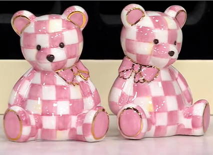 Mackenzie Childs Courtly Rosy Bear Salt And Pepper Shakers With Original Box: Mackenzie Childs Courtly Rosy Bear Salt And Pepper Shakers With Original Box. The shakers are brand new, never used, in excellent condition and come with gift box. Ceramic. Approximately 3" tall x