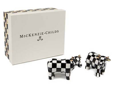 Mackenzie Childs Courtly Cow Salt And Pepper Shakers With Original Box: Mackenzie Childs Courtly Cow Salt And Pepper Shakers With Original Box. The shakers are brand new, never used, in excellent condition and come with gift box. Ceramic. Approximately 3" tall x 2.5"