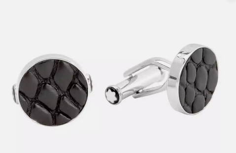 Montblanc Essential Sartorial cufflinks in round stainless steel with black leather at the center: Montblanc Essential Sartorial cufflinks in round stainless steel with black leather at the center. Size: Appx. 16mm.