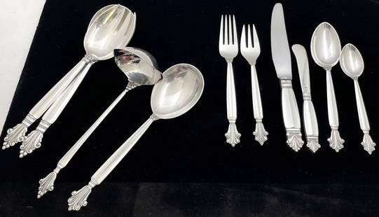 Georg Jensen Sterling Silver 76-Piece Flatware Set in Acanthus Pattern for 12: 76-Piece Georg Jensen Sterling Silver Flatware Set in Acanthus Pattern for 12. consisting of:12 dinner forks measuring 7 3/8'' in length12 salad forks measuring 6 3/4'' in length12 dinner knives measu