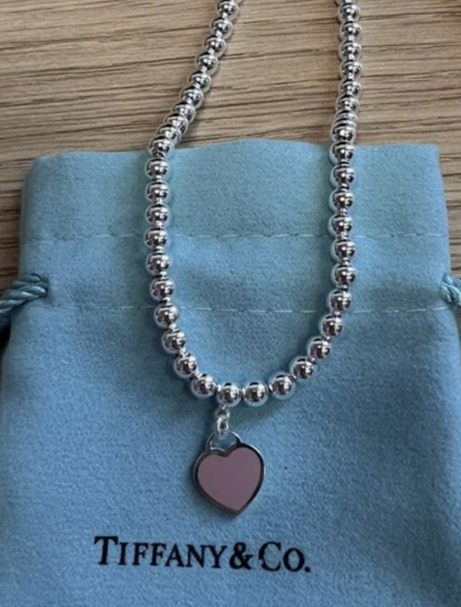 Tiffany & Co. Sterling Silver Pink Heart pendant with Beaded Chain Necklace And Pouch (1 of 5)