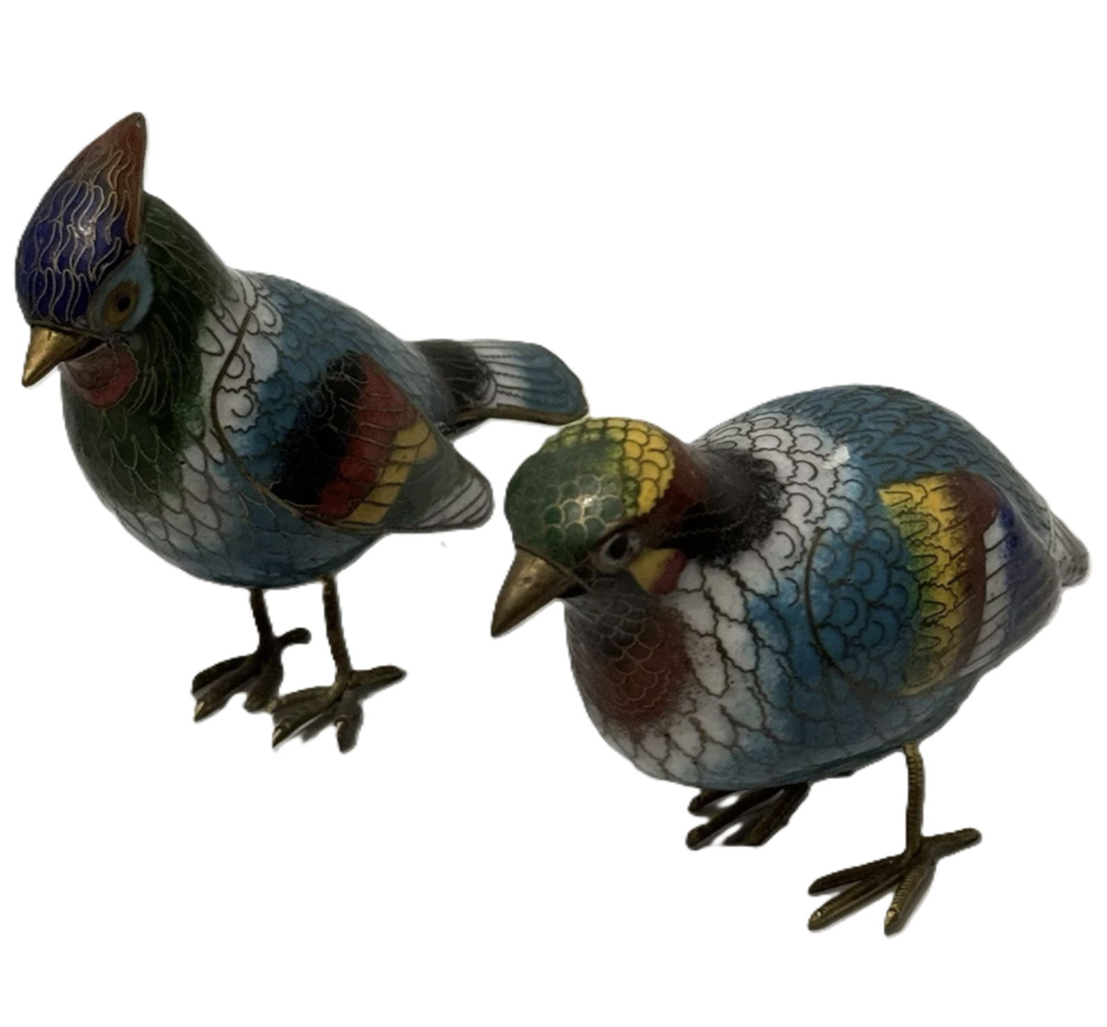 Chinese Cloisonne Pair of Birds: Chinese Cloisonne Pair of Birds. Measures approx. 4.5 inches and the other one is 3.5 inches tall and 4.5 inches long both of them