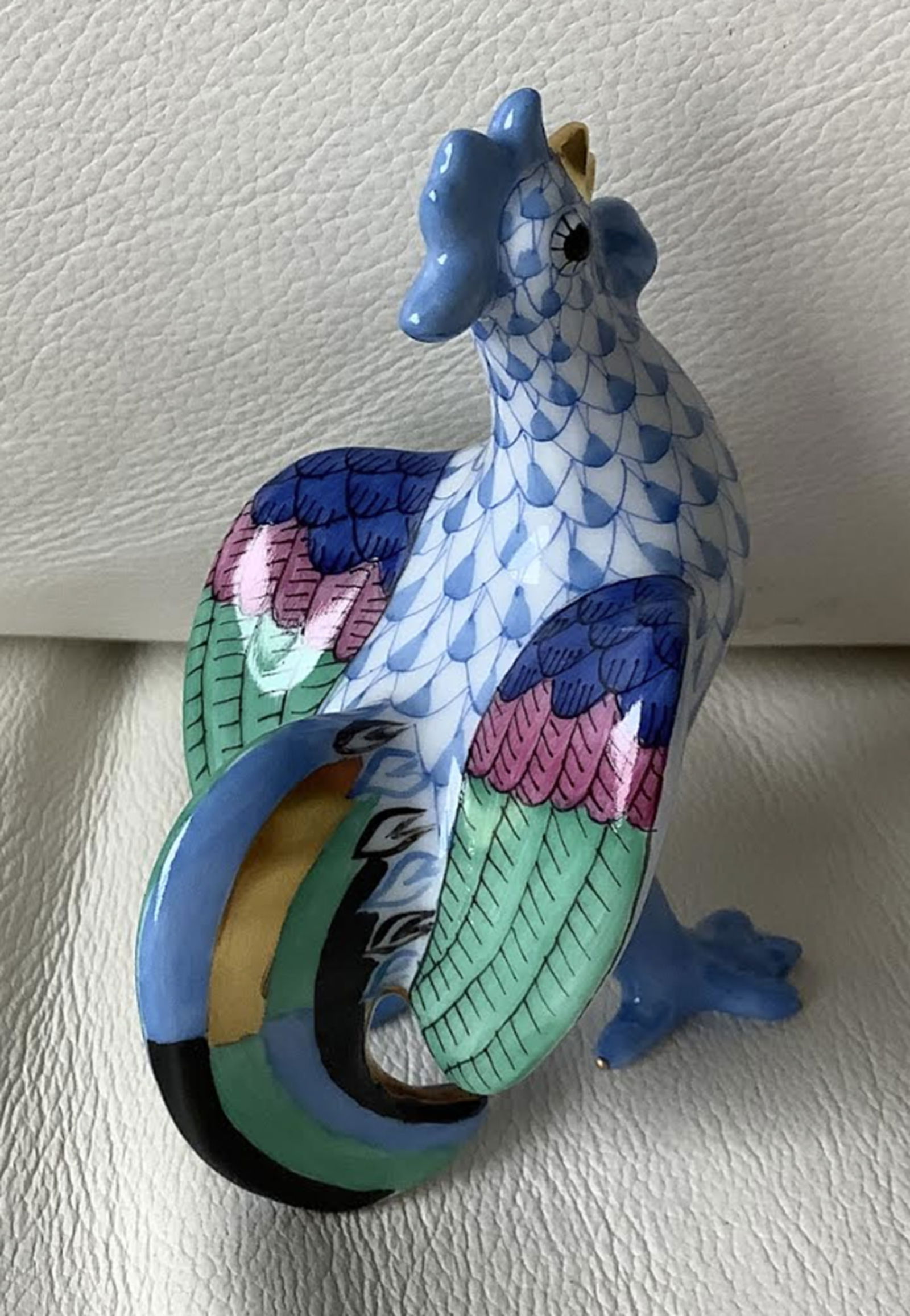 Herend Signed Porcelain Blue Fishnet Rooster Figurine Made in Hungary (1 of 6)