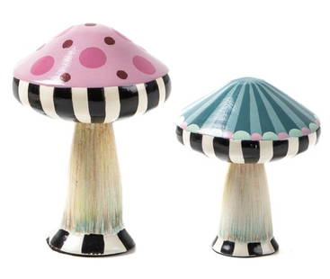 Mackenzie Childs Outdoor Mushrooms Figurines, Set of 2: Mackenzie Childs Outdoor Mushrooms, Set of 2 Measures approx Small: 4"wide. 4" long, 4" tall.Medium: 4" wide, 4" long, 5" tall decorated with hand-painted patterns and have an all-weather finish. Fres