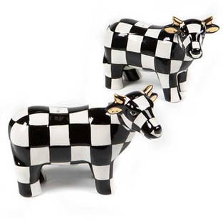 Mackenzie Childs Courtly Cow Salt And Pepper Shakers With Original Box: Mackenzie Childs Courtly Cow Salt And Pepper Shakers With Original Box. The shakers are brand new, never used, in excellent condition and come with gift box. Ceramic. Approximately 3" tall x 2.5"