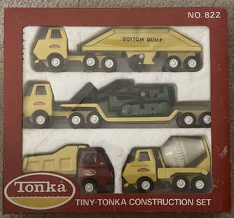 Tiny Tonka Construction Gift Set  Set No. 822 in Original Box 1971: Tiny Tonka Construction Gift Set Set No. 822 in Original Box 1971. This set is brand new in its original box and includes various colored pieces in yellow, red, green, and white. The set is made of pr